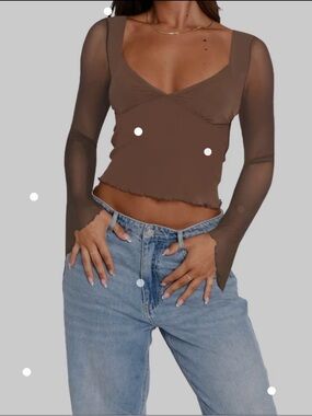 TikTok Shop Women’s Brown Sheer-Sleeve Crop Top